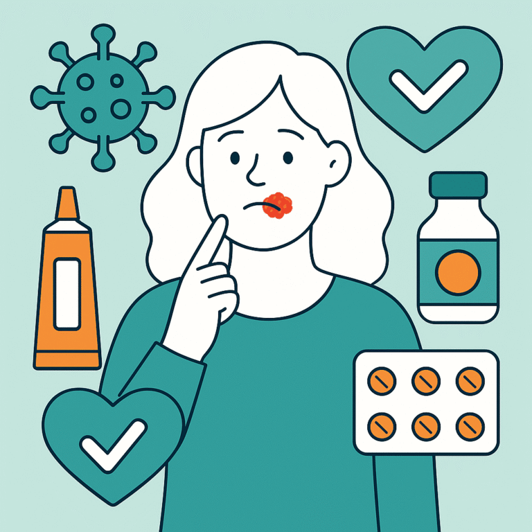 Illustration af en kvinde med forkølelsessår på læben omgivet af antivirale mediciner, piller, creme og virusikoner.