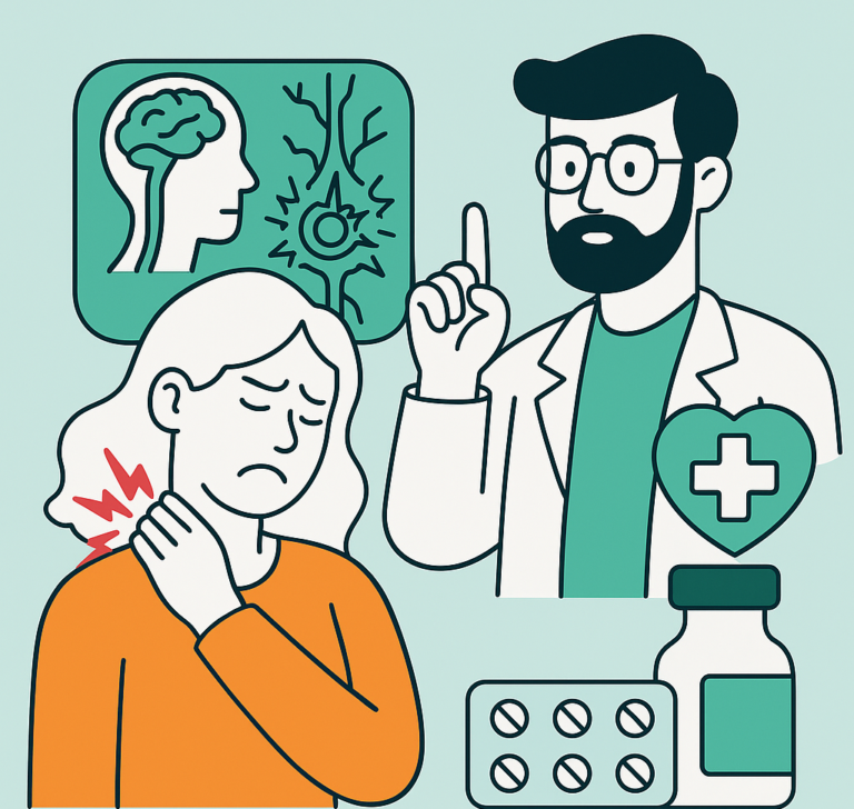 Illustration einer Frau mit Nackenschmerzen und einem Arzt, der Behandlungsmöglichkeiten für Nervenschmerzen erklärt, einschließlich Tabletten und einer Flasche. Bildtitel: