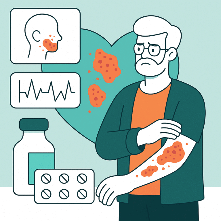 Illustration einer Person mit roten schuppigen Psoriasis-Pflastern am Arm und Gesicht, mit Medikamenten und Diagrammen; beste Medikation für Psoriasis.