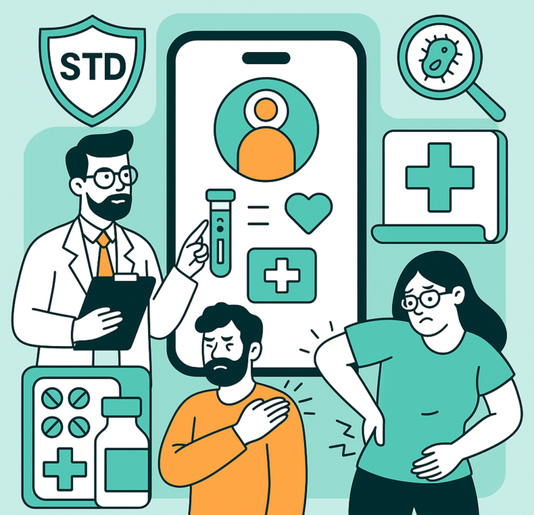 Arzt erklärt STD-Tests mit Handy-App, Patienten zeigen Symptome, medizinische Icons und Testmaterialien.