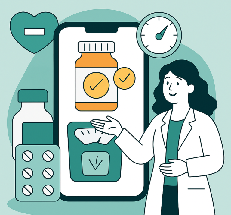 Illustration eines Arztes, der Gewichtsverlustmedikamente neben einer Smartphone-App mit Pillenflaschen, Waage und Gesundheitsikonen erklärt.