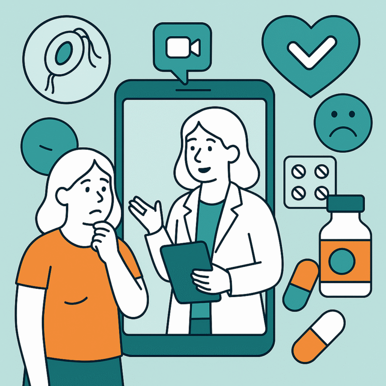 El médico de telemedicina aconseja a una mujer preocupada sobre los síntomas de la tricomoniasis, pruebas, antibióticos e íconos de prevención.