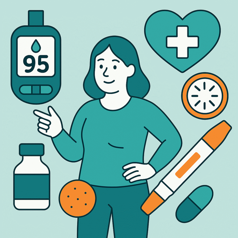 Illustration d’une femme gérant son diabète avec un lecteur de glycémie affichant 95, un stylo à insuline, un comprimé et des icônes de santé.