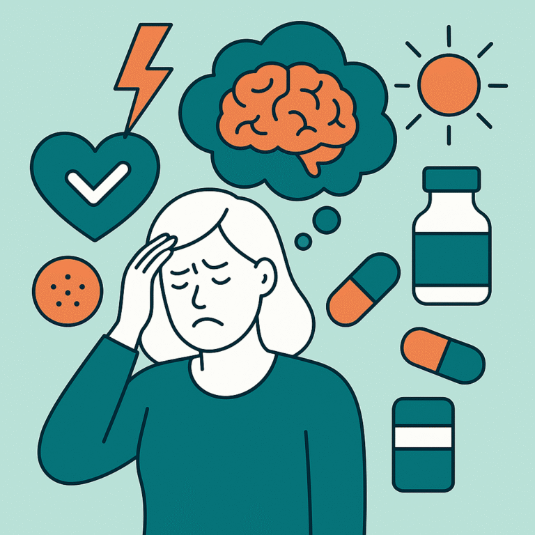 Femme tenant sa tête avec des icônes de migraine autour d'elle (cerveau, pilules, bouteille, soleil, cœur), illustration de blog santé.