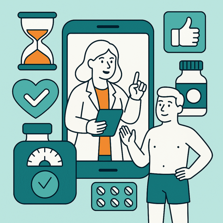 Illustration d'un médecin sur un smartphone conseillant un homme sur la perte de poids, avec des flacons de médicaments, des pilules, une balance et des icônes de santé.