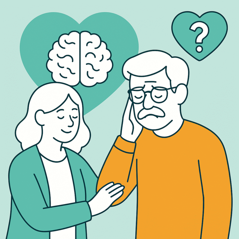 Illustration d'une femme réconfortant un homme âgé avec des problèmes de mémoire, avec des icônes de cerveau et de questions — soutien pour la démence et la perte de mémoire.