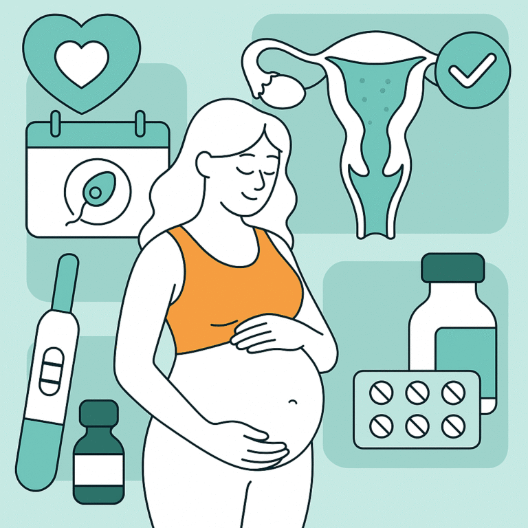 Femme enceinte souriante avec des icônes de fertilité, y compris un calendrier d'ovulation, un diagramme d'utérus, un test et des médicaments illustrant l'ovulation et la fertilité