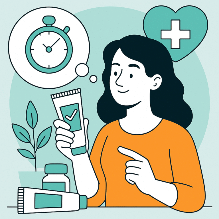 Illustration d'une femme tenant une crème anesthésique locale avec des icônes médicales, représentant la durée de l'anesthésie locale.
