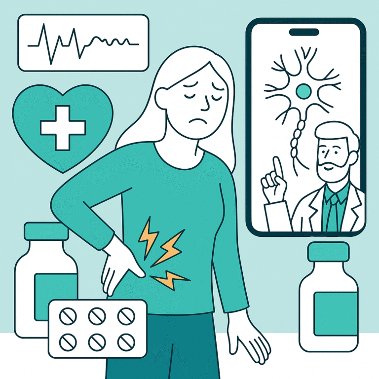 Moteris su nervų skausmu gauna internetinę medicininę konsultaciją apie neuropatiją ir gydymo galimybes.