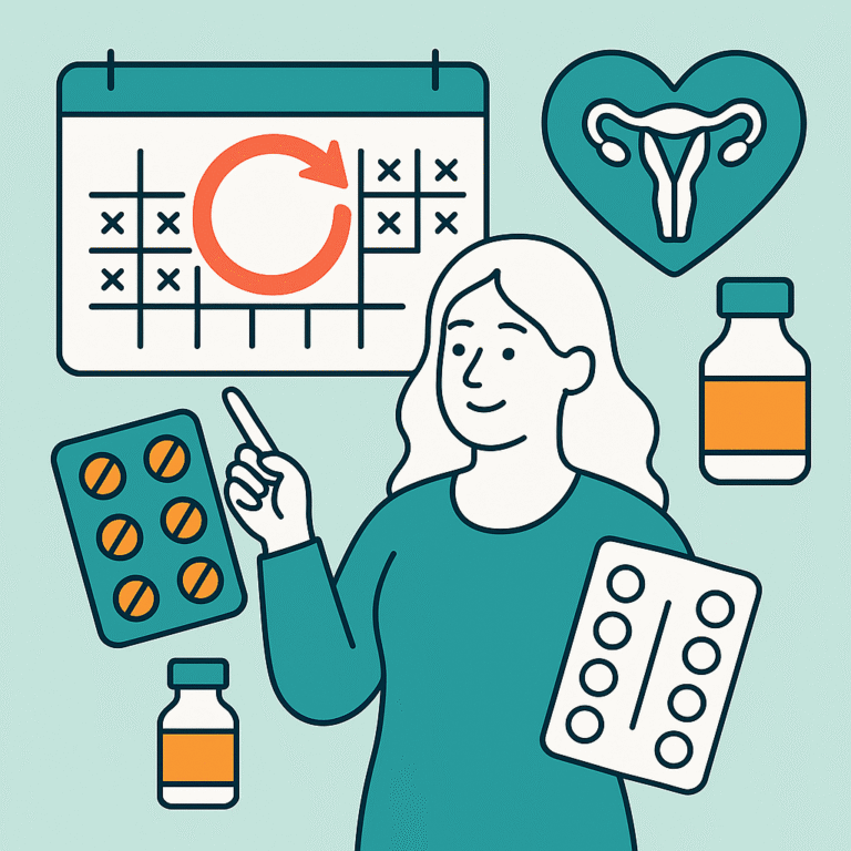 Illustrasjon av en kvinne som planlegger menstruasjonsforsinkelse med kalender, piller og hormonvials for trygg utsettelse av menstruasjonen.