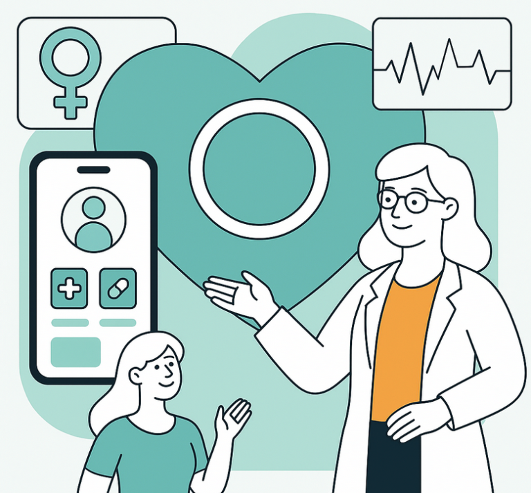 Kvinnelege forklarer en prevensjonsring til en pasient med helseikoner og en smarttelefon-app i en klinikk.