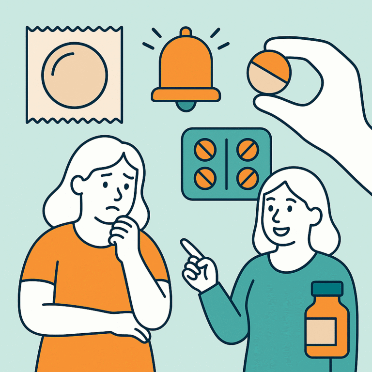 Illustratie van twee vrouwen die noodanticonceptie bespreken met pillen, spiraaltje, herinneringsbel en medicatie-iconen.