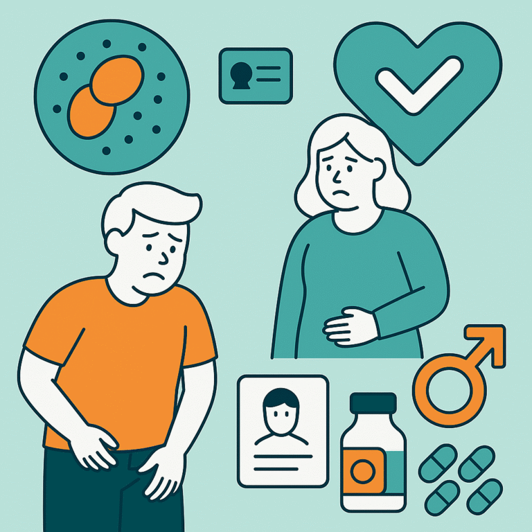 Geïllustreerde man met liespijn en vrouw met buikpijn naast pillen, fles en gezondheidsiconen die symptomen en behandeling van gonorroe vertegenwoordigen.