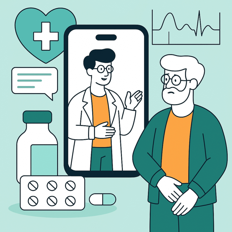 Illustratie van een arts tijdens een video-consult op een smartphone die een man adviseert over de nieuwste behandeling voor erectiestoornissen, met pillen, fles en hartmonitor.