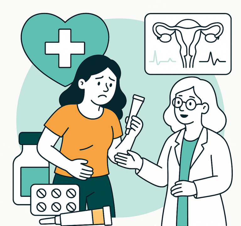 Illustratie van een vrouw met symptomen van vaginale schimmelinfectie die met een arts spreekt, met medicatie getoond—behandeling van vaginale schimmelinfectie.
