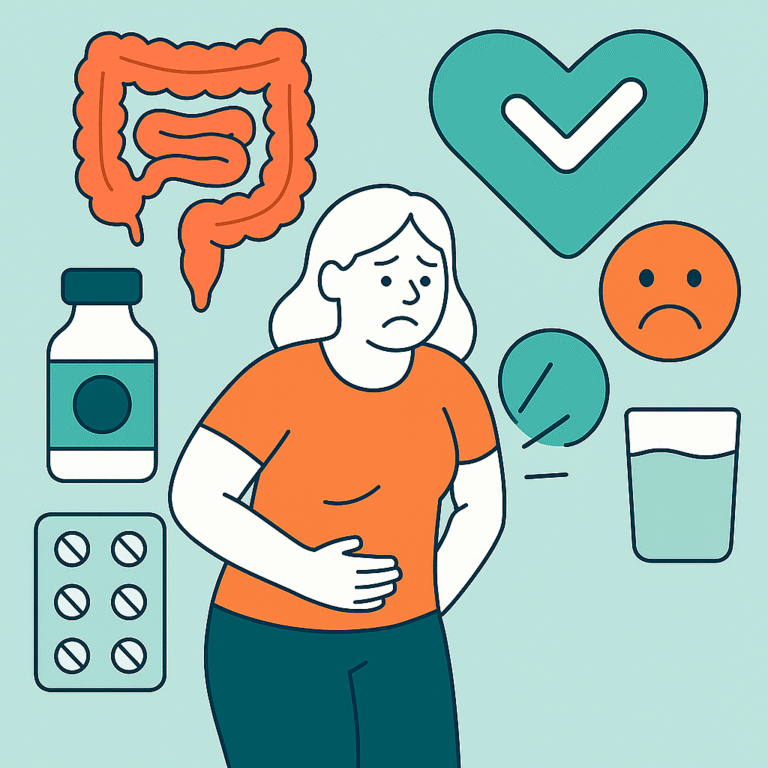 Ilustração de uma mulher com desconforto abdominal cercada por gráficos de intestino, pílulas, água e ícones de bem-estar relacionados ao alívio da constipação.