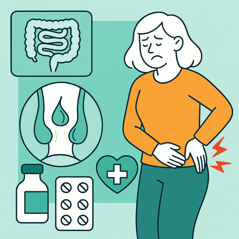 Ilustração de uma mulher com dor hemorroidária segurando o abdômen inferior, com ícones intestinais, pílulas de tratamento e símbolos de saúde.