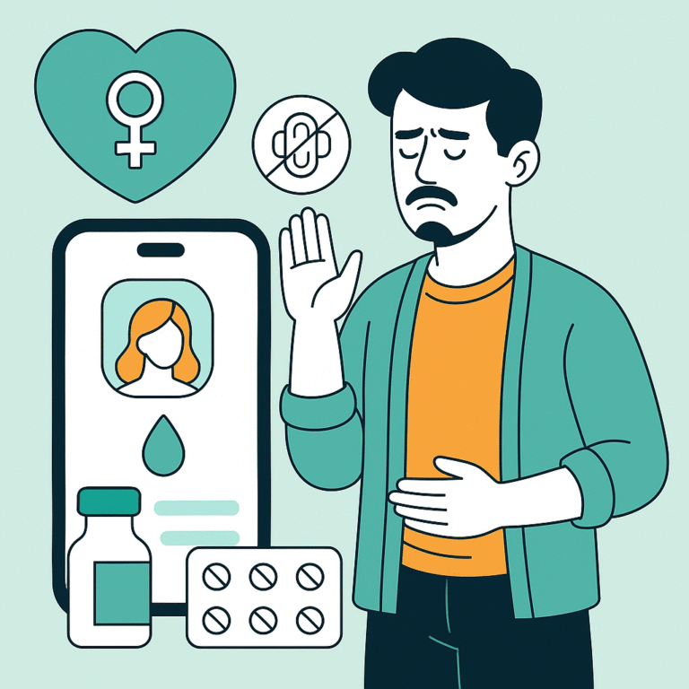 Ilustração de um homem trans parecendo desconfortável ao lado de ícones de um telefone com uma gota, pílulas, um frasco de medicamento e um símbolo de sem contracepção, representando opções de supressão menstrual.