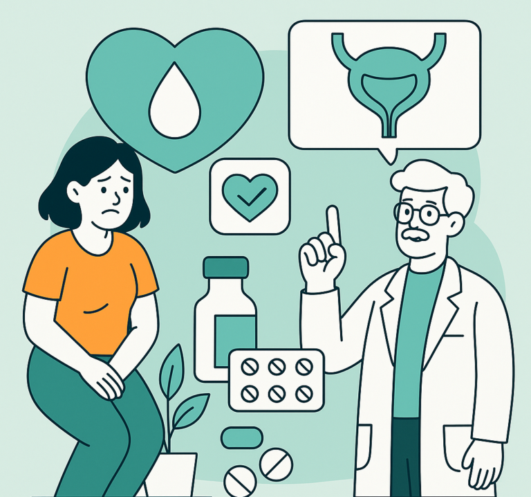Médico explica a incontinência urinária a um paciente preocupado com ícones de bexiga, medicamentos e símbolos de saúde em uma ilustração médica.