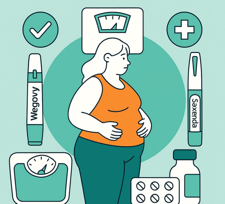 Ilustração de uma mulher com balanças, canetas Wegovy e Saxenda, pílulas e um frasco, comparando medicamentos para perda de peso.