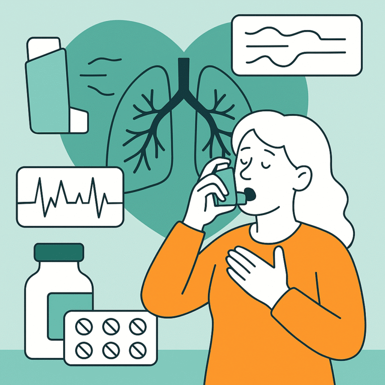 Ilustrație a unei femei care folosește un inhalator pentru a controla astmul, înconjurată de plămâni și simboluri ale medicamentelor pentru o respirație mai bună și sănătatea plămânilor.