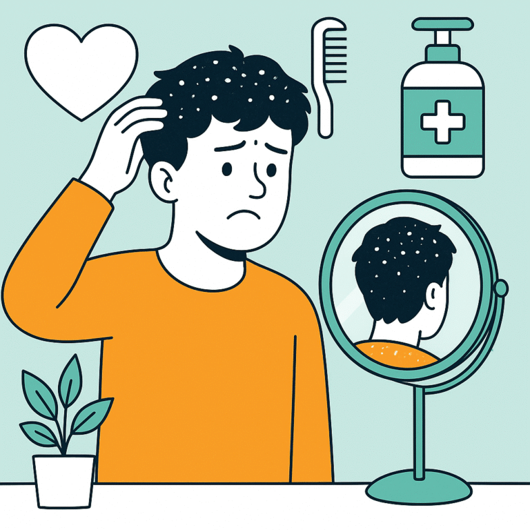 Illustration av en person som kollar på en flagig, kliande hårbotten i en spegel med schampo- och kamikoner, för tips om mjäll och hårbottensvård.