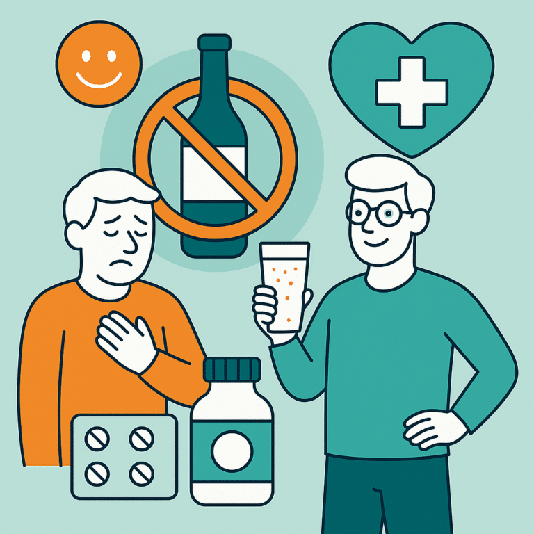 Illustration showing two men — one feeling unwell with medication and a crossed-out alcohol bottle, and another looking healthy while holding a glass of water — symbolizing recovery and positive health after quitting alcohol.