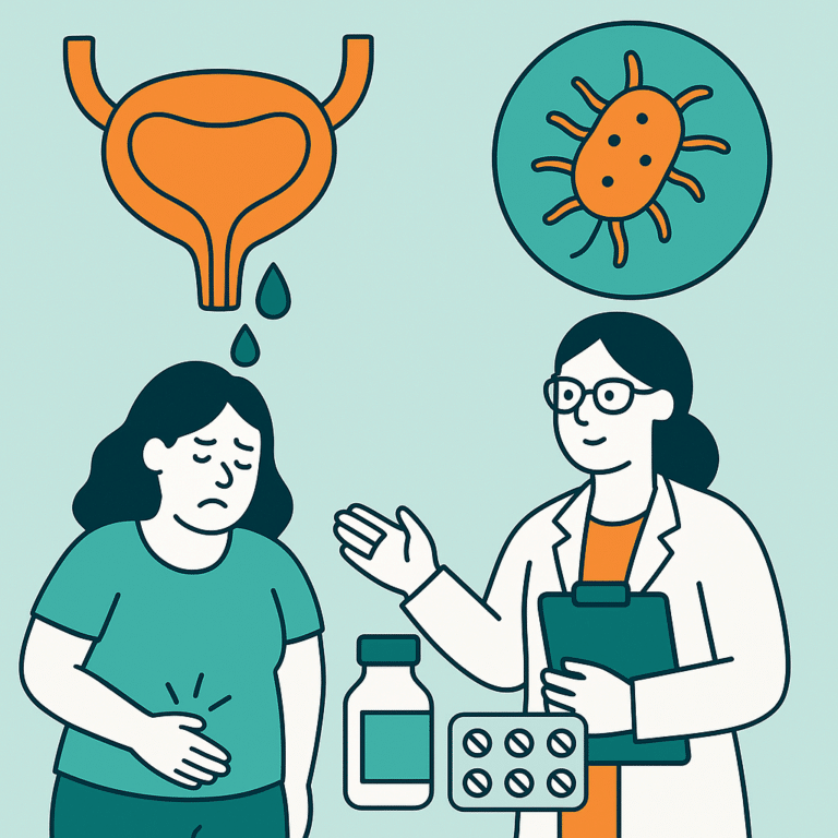 Doctor advising a woman with bladder infection symptoms, medication options, and prevention tips illustrated