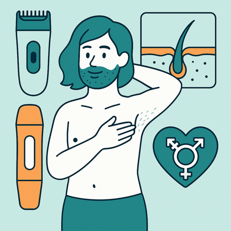 Illustration of a transgender person with body hair touching their armpit, surrounded by icons of hair removal tools, a hair follicle, and a transgender symbol inside a heart.