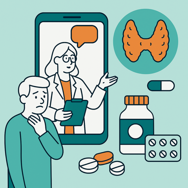 Illustration of a doctor on a phone advising a patient about thyroid medication, pills, and a thyroid gland icon.