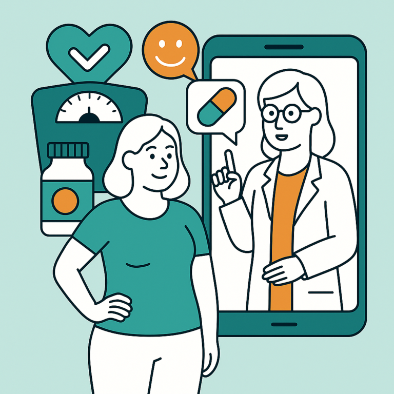 Illustration of a woman discussing weight loss pills with an online doctor on a smartphone, focusing on best pills for weight loss.