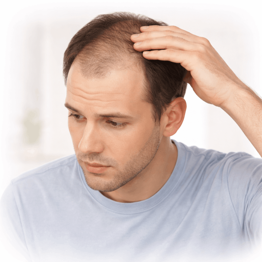 Why are transgender men more likely to experience male-pattern hair loss during transition?