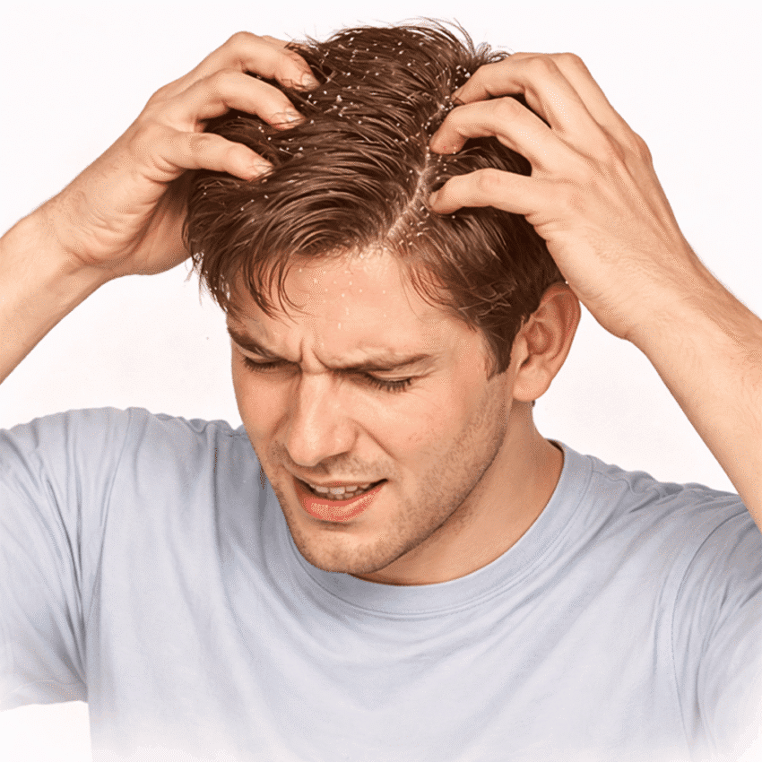 Which feature best describes oily scalp dandruff?