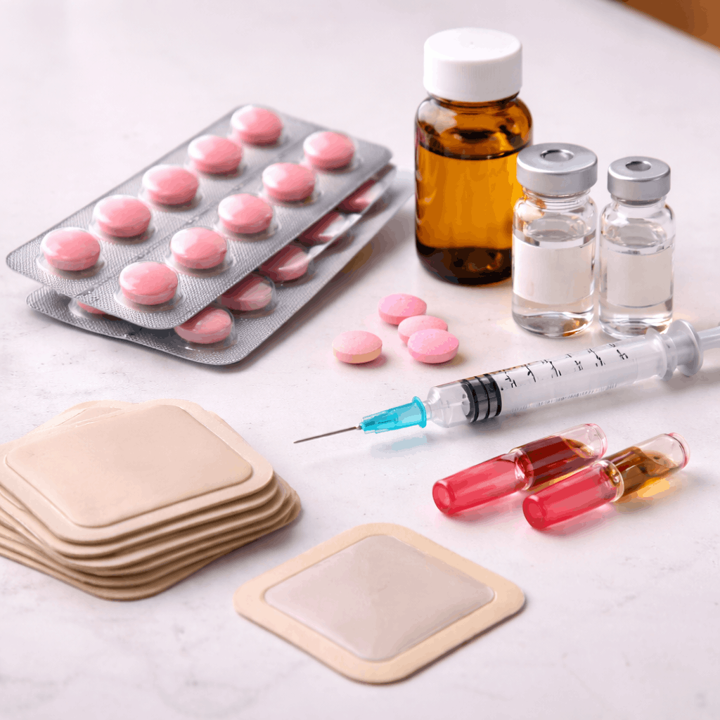 Welke vorm van HRT levert hormonen via de huid in plaats van via de mond?