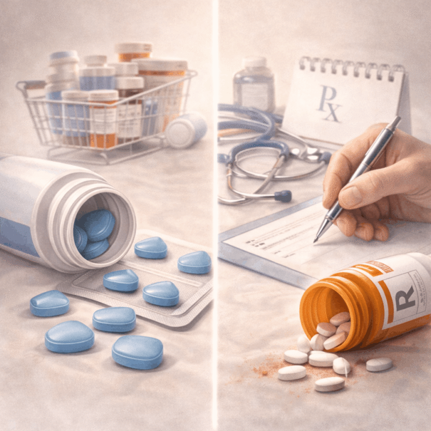 Which statement best describes the difference between OTC and prescription ED treatments?