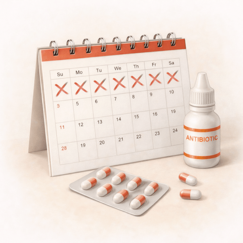 Why is it important to complete the full course of antibiotic eye drops?