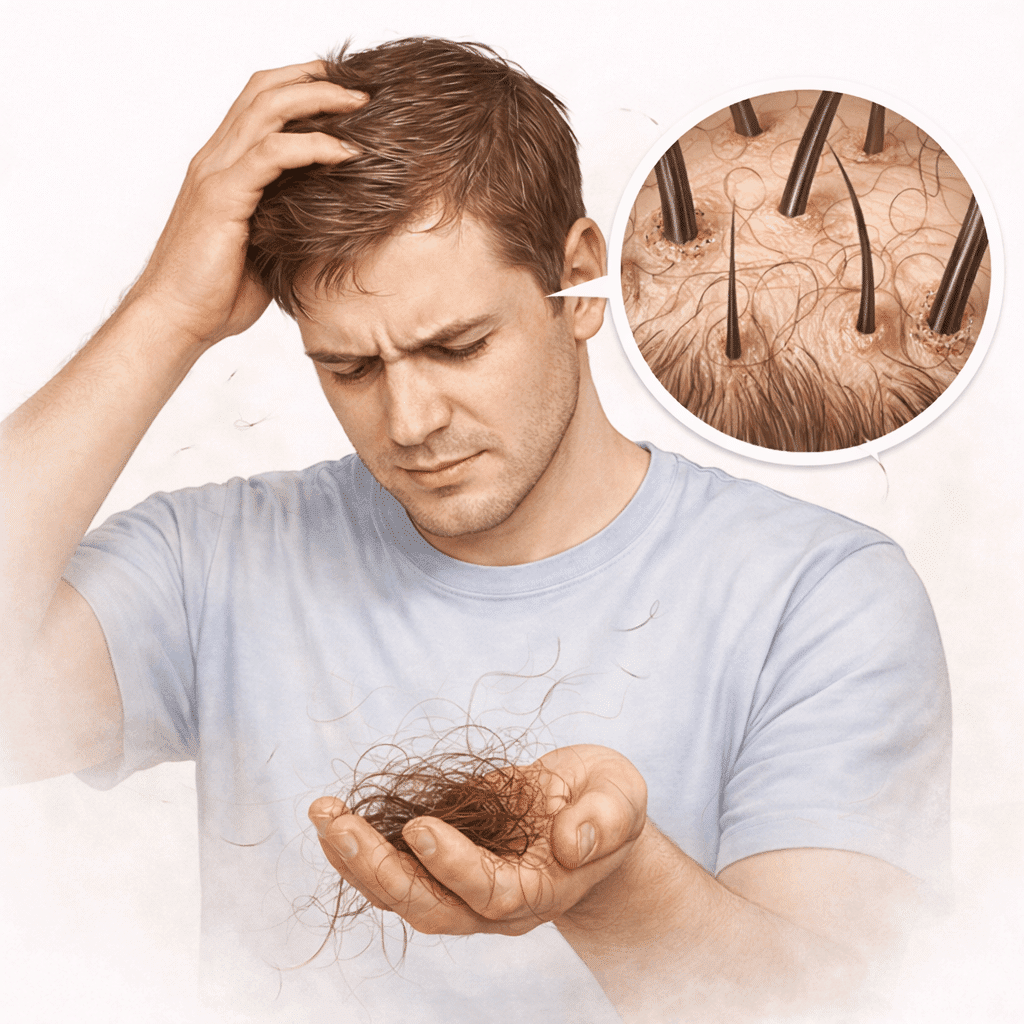 Schuppen können zu vorübergehendem Haarausfall führen, wenn Kratzen und Entzündungen die Haarwurzeln schädigen.