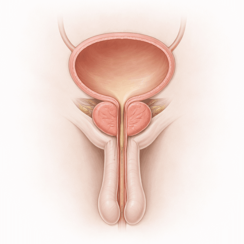 An enlarged prostate can interfere with urine flow because it surrounds part of the urethra.