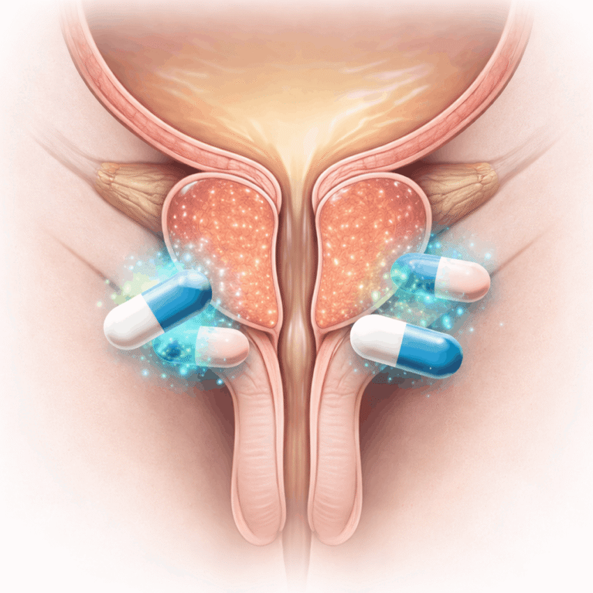Which medication group helps prostate symptoms by relaxing muscles around the bladder neck and prostate?