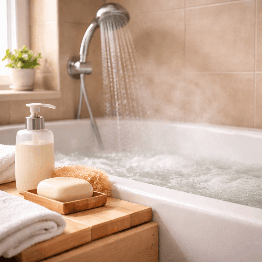 Which shower habit may help reduce skin irritation in people with psoriasis?