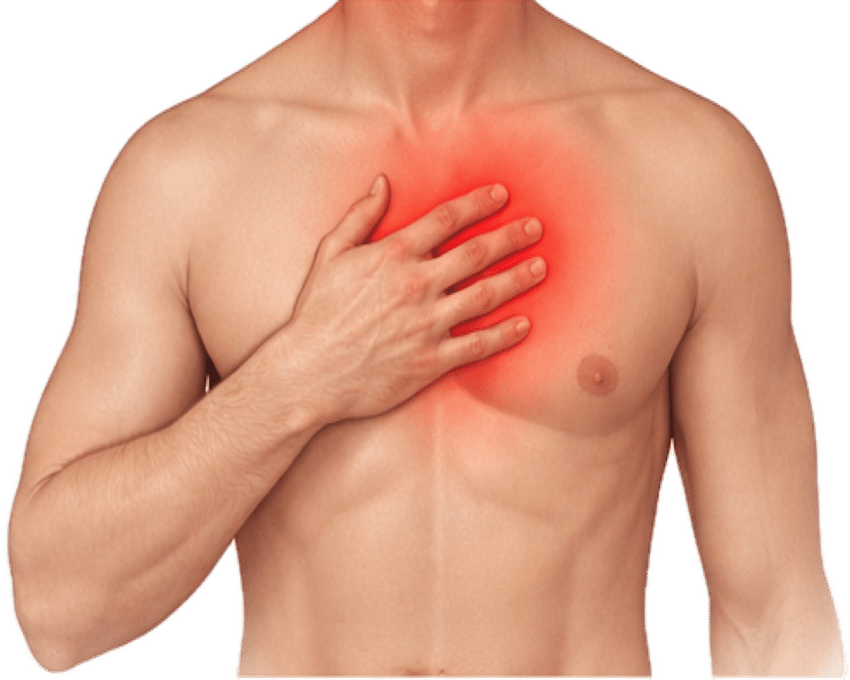 Pain centered around the upper chest