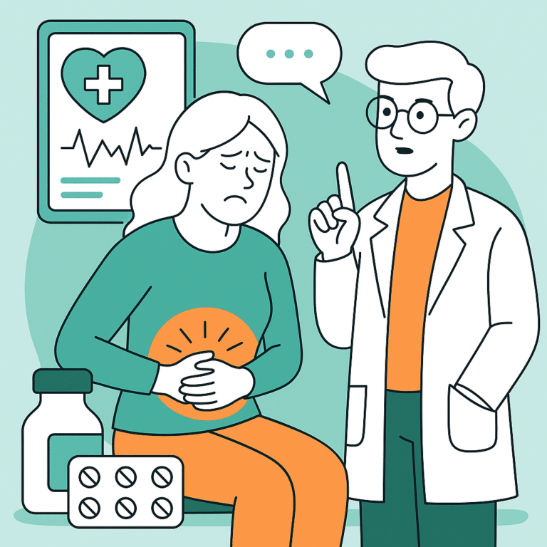 Doctor explaining abdominal pain to a woman with stomach cramps