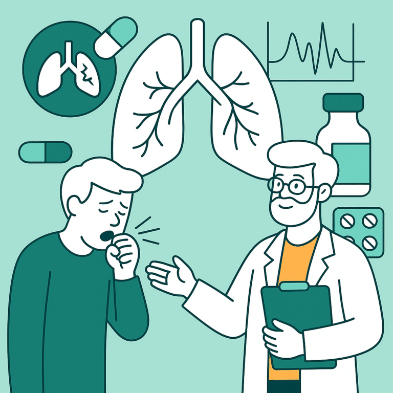 Doctor discussing COPD treatment with a coughing patient, lungs diagram, inhalers and pills illustrated.