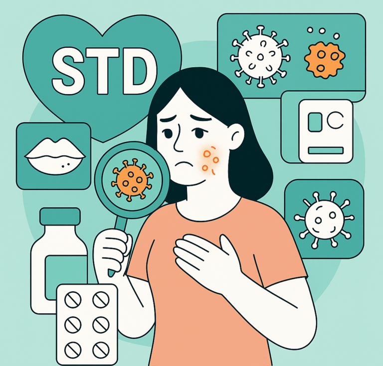 Illustration of a woman concerned about an STD herpes outbreak with virus icons, pills, and treatment symbols.