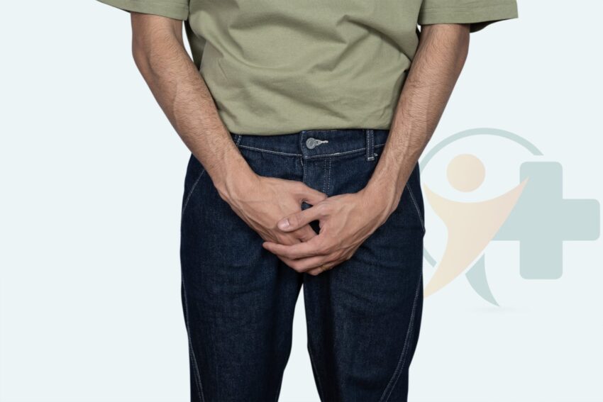Man holding lower abdomen, representing prostate health care at Transtoyou