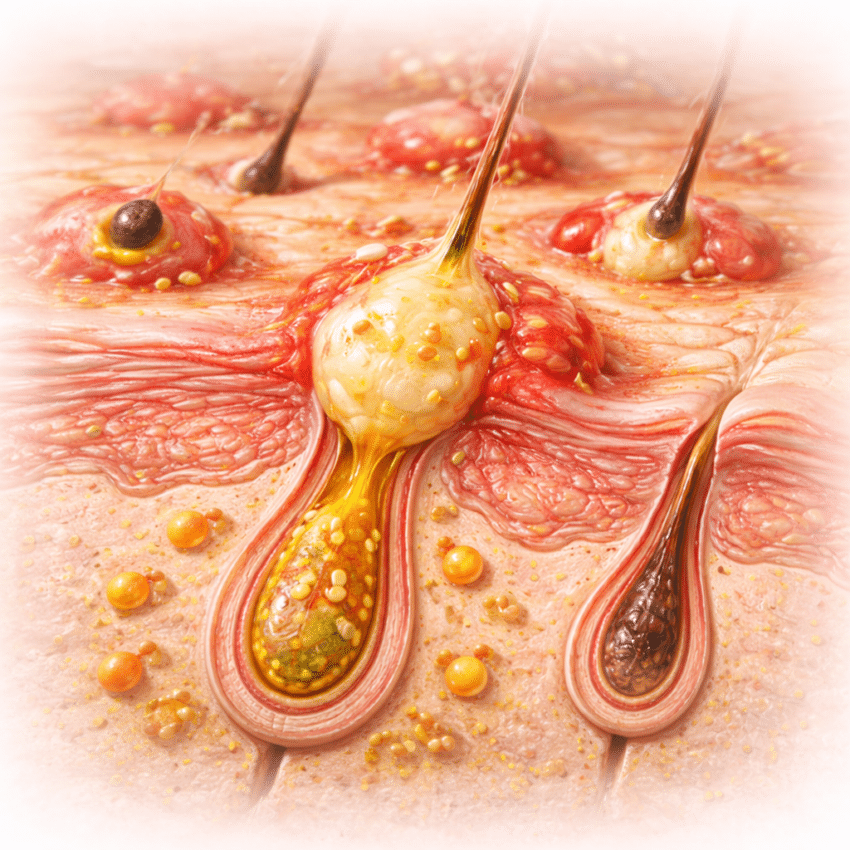 What mainly causes acne to develop in the skin?