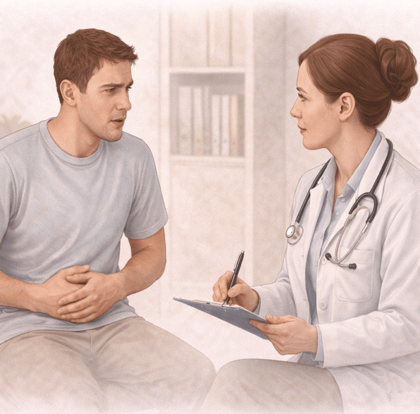 Abdominal pain with fever, persistent vomiting, or blood in the stool should be medically evaluated.