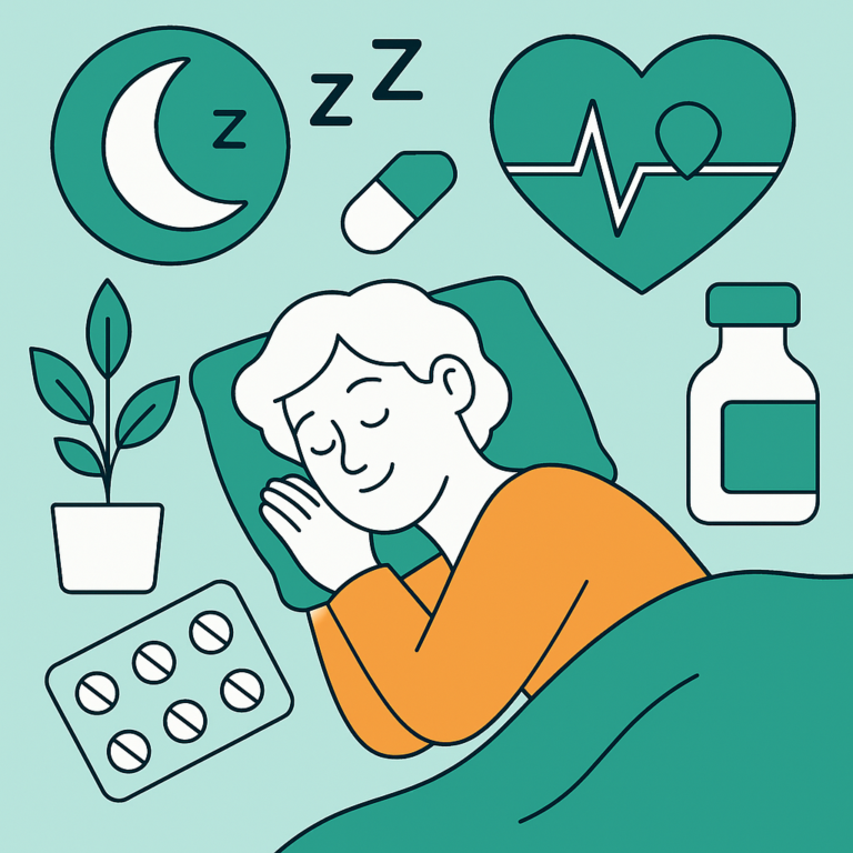 Illustration of person sleeping peacefully with icons of moon, heart rate, pills, and plants representing sleep disorder treatments