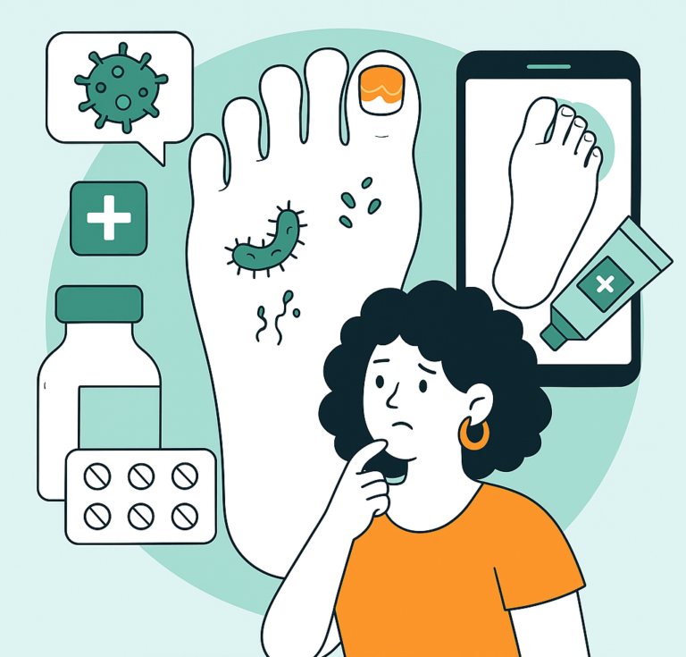 Illustration of foot fungus with a yellow toenail and athlete’s foot signs, person considering antifungal cream and tablets with a phone image.