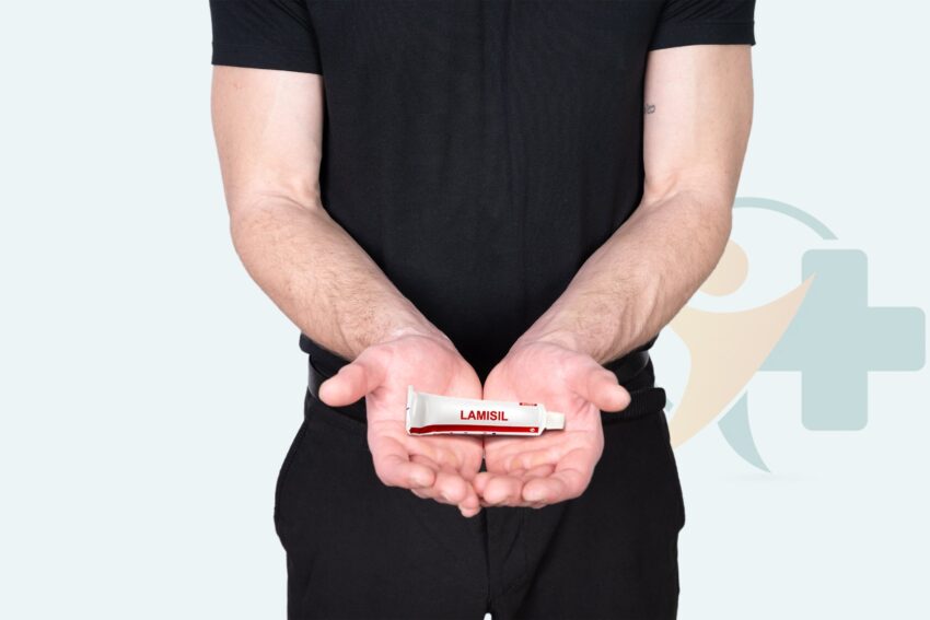 Man holding antifungal cream (Lamisil) for toenail fungus and athlete’s foot treatment – Transtoyou